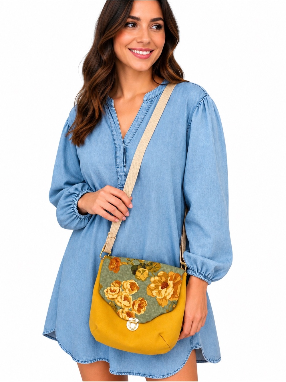 NEW Handmade Mustard Yellow Floral Crossbody Bag Adjustable Strap